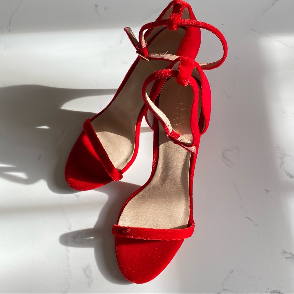 Raye Blake Velvet Red Ankle Strap Stiletto Sandal